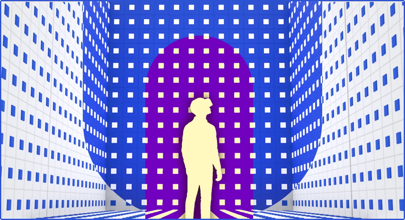 Player silhouette standing inside Echo Tiles' 3D hollow cube environment